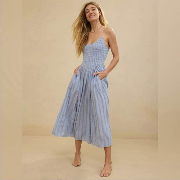 aerie At the Barre Unlined Blue & White Striped Midi Dress Sz XS - Picture 1 of 11